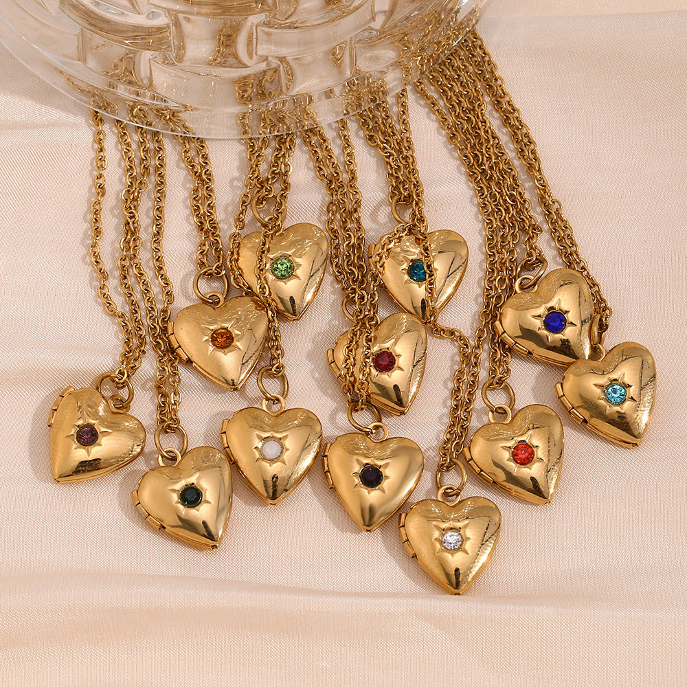 Heart Photo Birthstone Necklace Gold Plated