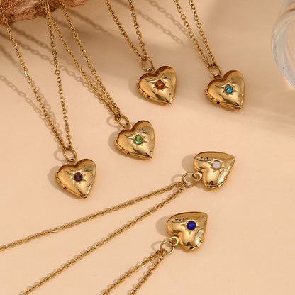 Heart Photo Birthstone Necklace Gold Plated