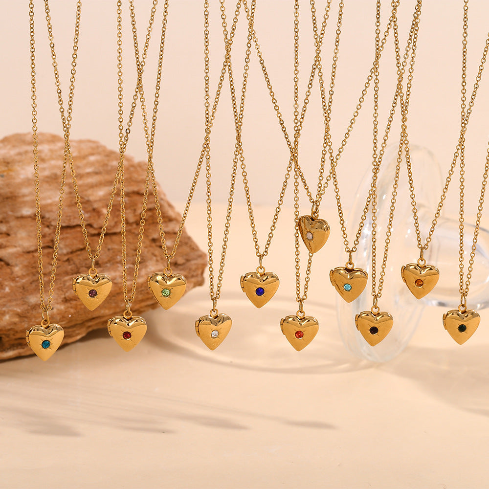 Heart Photo Birthstone Necklace Gold Plated